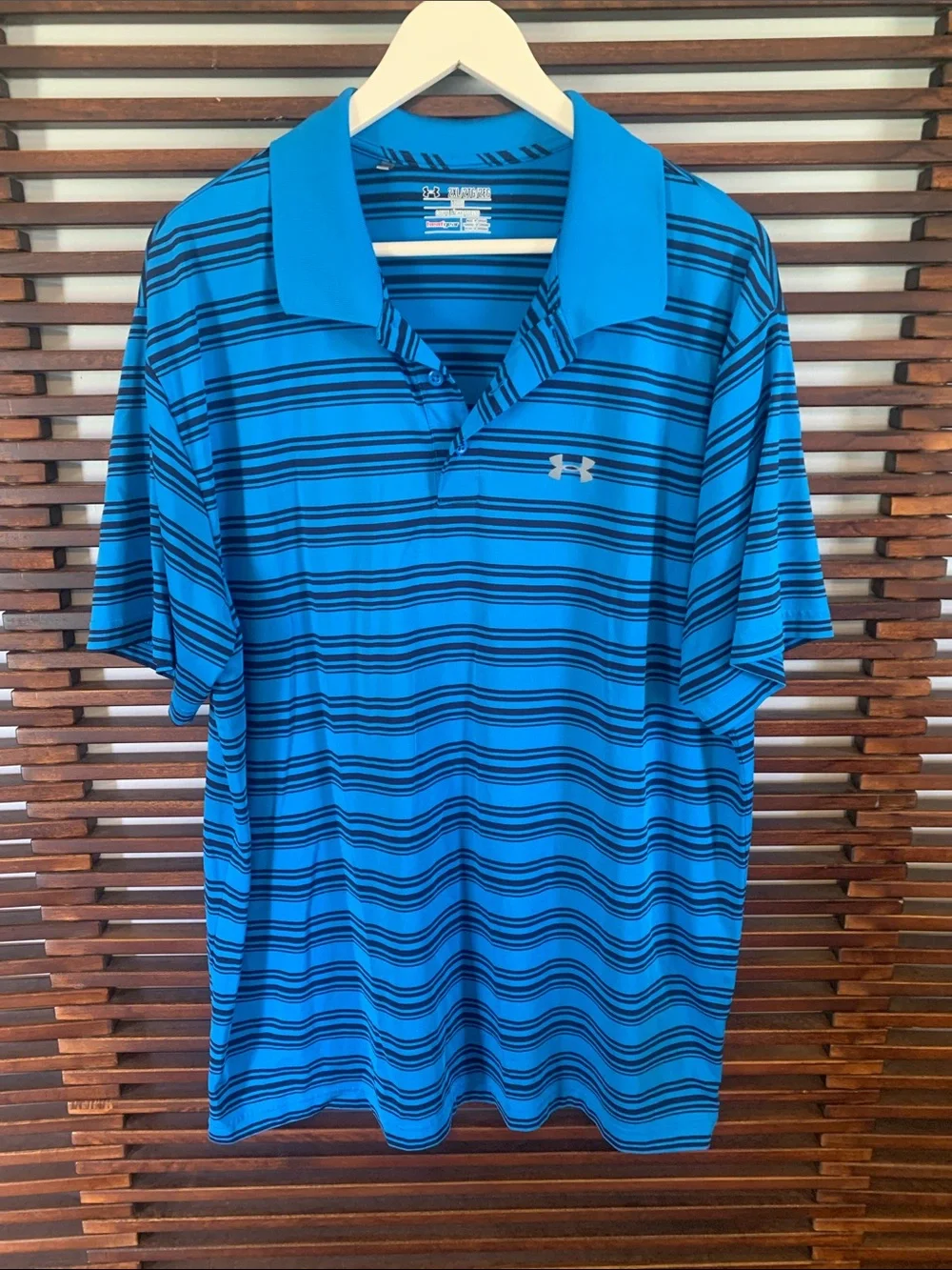 Under Armour Men's Bright Blue Striped Polo with Black Accents - Picture 1 of 8